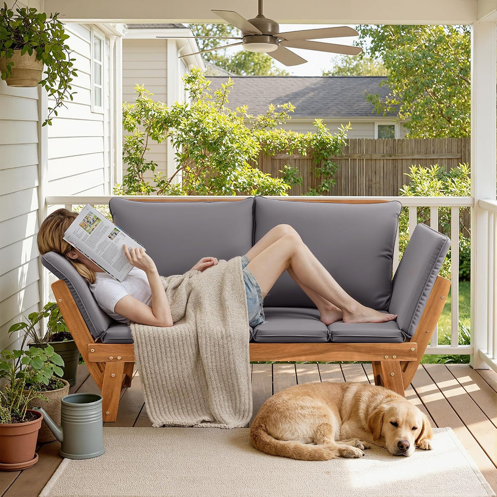 Flamaker Patio Loveseat Acacia Wood Balcony Couch (Grey)