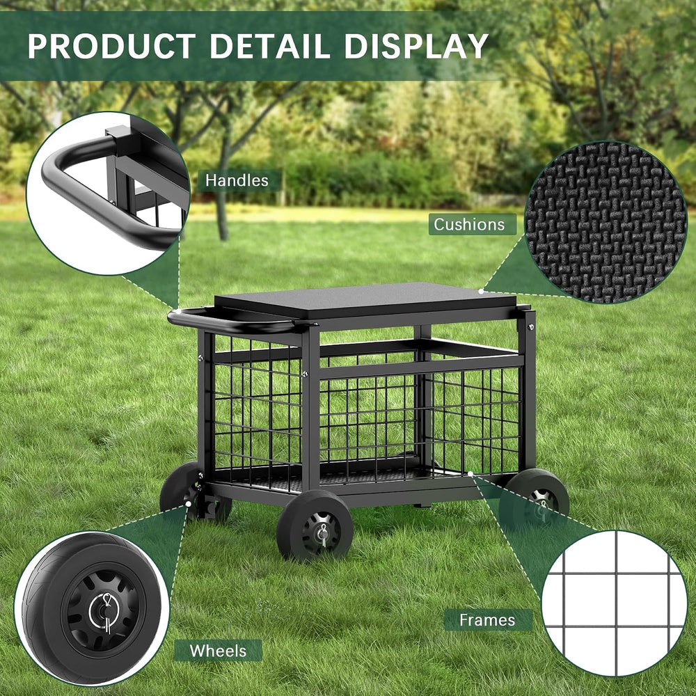 Garden Cart with Seat,3-in-1 Rolling Seat with Wheels for Gardening Seniors