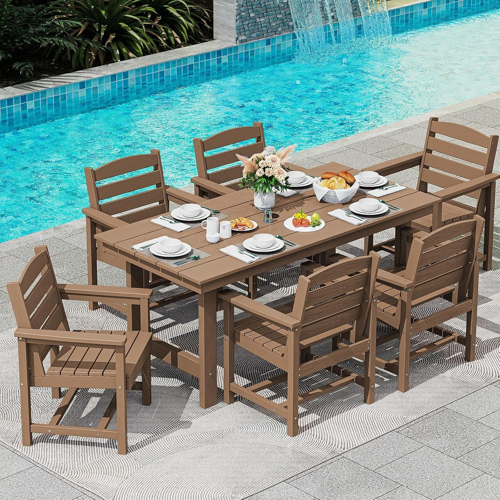 SERWALL 7 Pcs Outdoor Dining Set, 67" HDPE Dining Set for 6, Brown