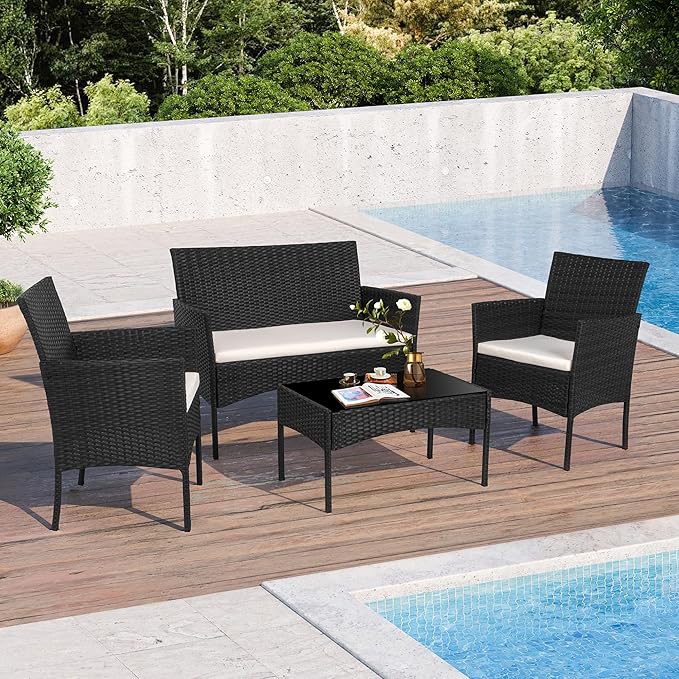 Shintenchi 4 Piece Outdoor Patio Furniture Sets, Small Wicker Patio Conversat...