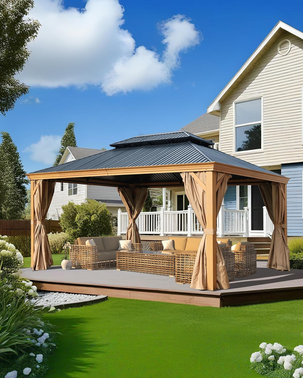 BPS 12' X 16' Hardtop Gazebo Outdoor Aluminum Wooden Grain Coated