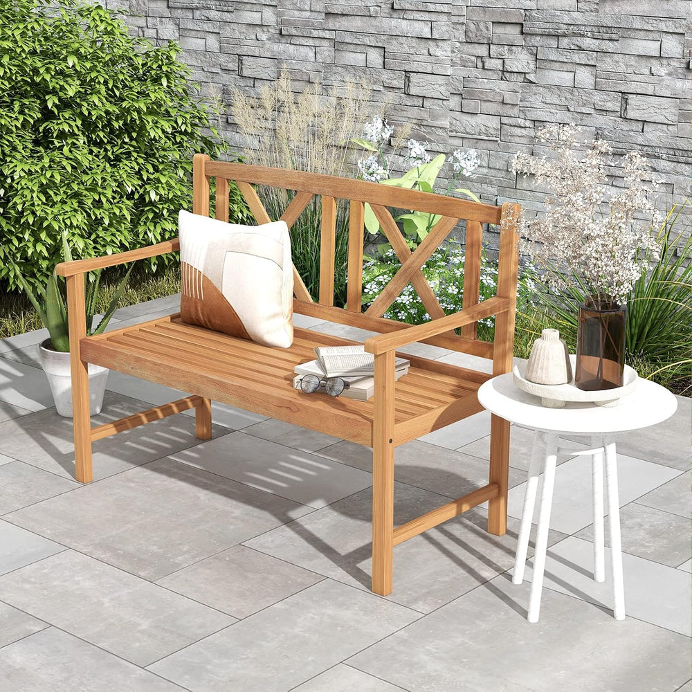 Tangkula Patio Acacia Wood Bench, 2-Person Outdoor Loveseat Chair, Cozy Armre...