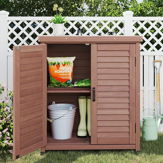Outdoor Storage Cabinet & Potting Bench Table with Metal Top, Wooden Pati...