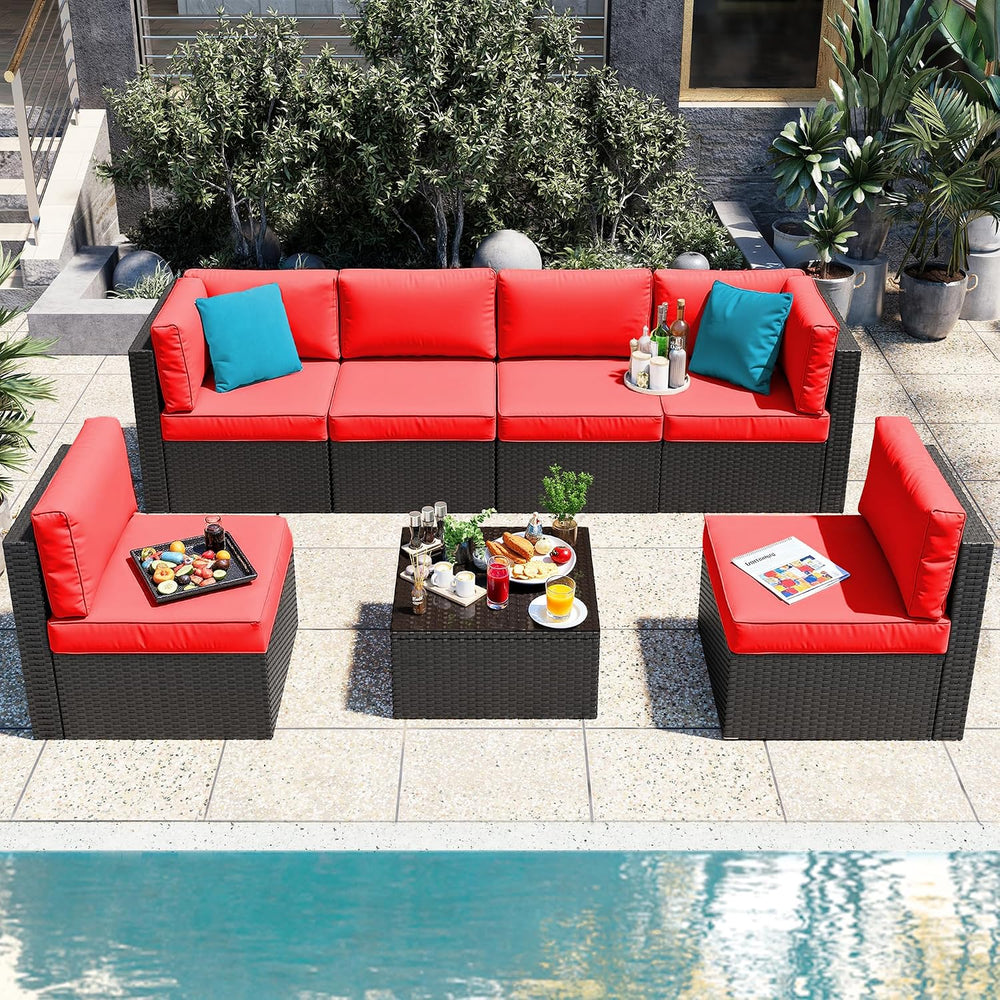 Vongrasig 7 Pieces Patio Furniture Sets, Outdoor Sectional Sofa, Red
