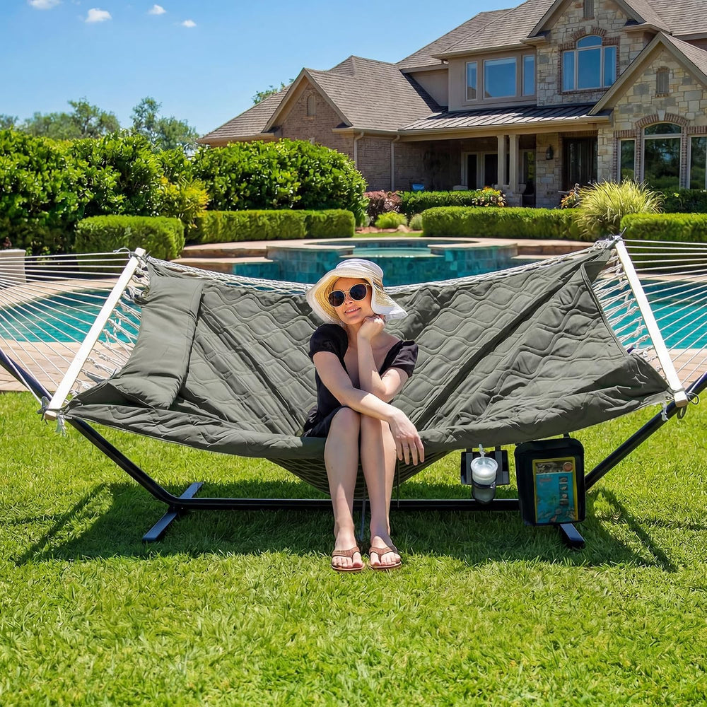 SUNCREAT Patio Portable Hammock with Stand, Carrying Bag, Gray Green Drops