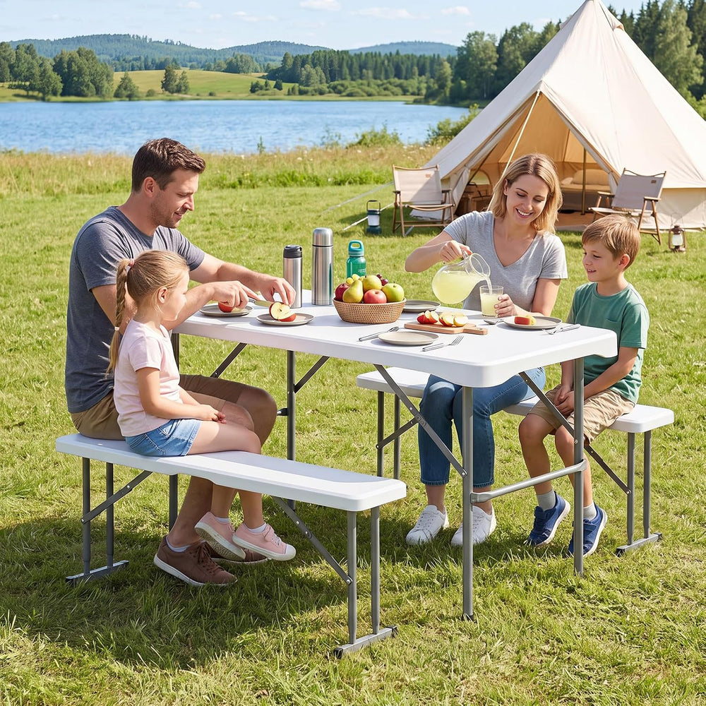 GIANTEX Folding Picnic Table Set w/ 2 Benches, 44" HDPE, White