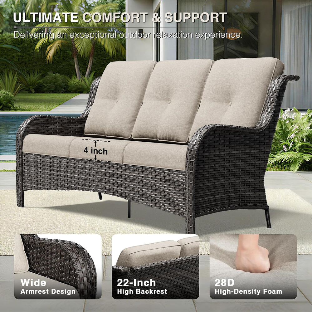 Outdoor Patio Couch, 3 Seater Outdoor Wicker Sofa with High Back, Deep Seatin...