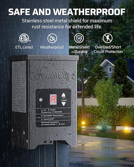 DEWENWILS 200W Weatherproof Low Voltage Landscape Lighting Transformer, 120V ...