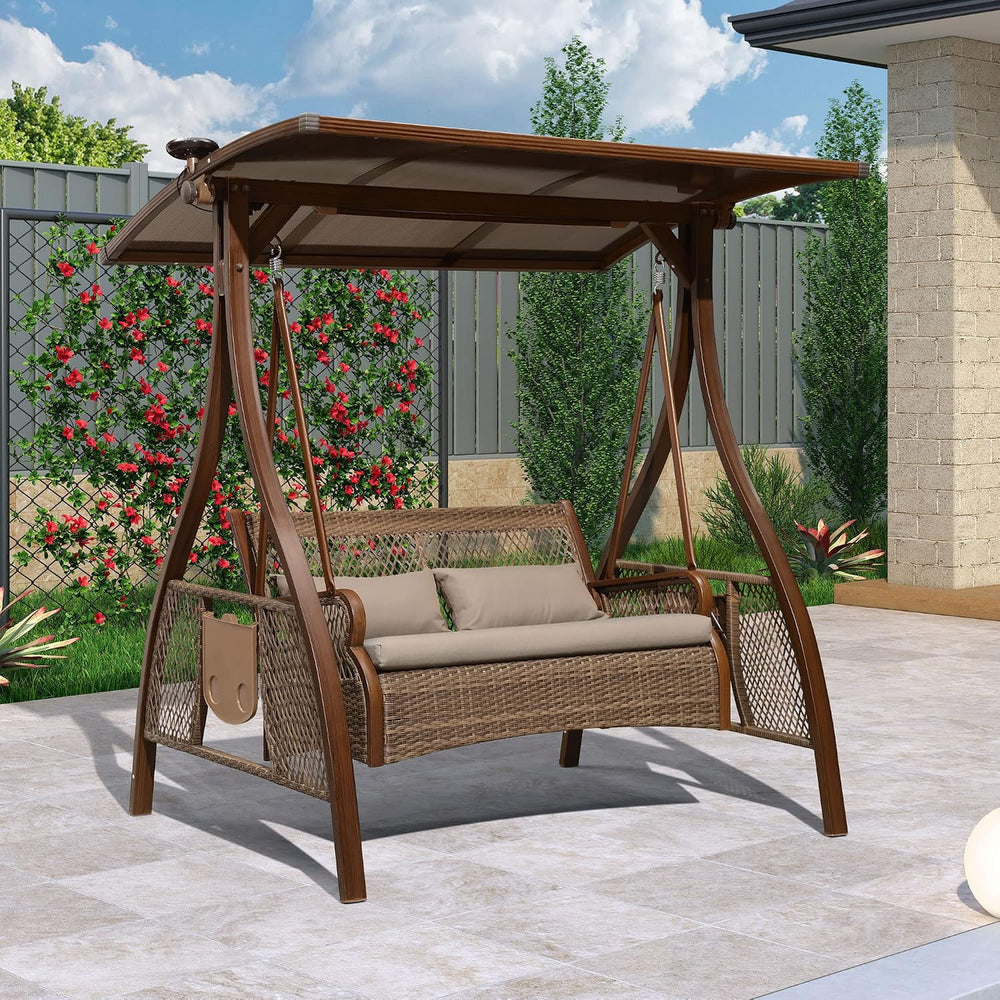 PURPLE LEAF Wicker Porch Swing 2 Person with PVC Canopy and Solar LED Light