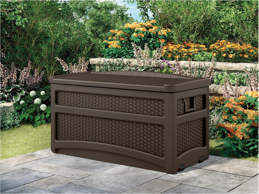 Suncast Durable 73 Gallon Outdoor Resin Storage Chest with Handles, Wheels, a...