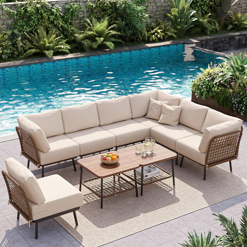 9-Piece Patio Conversation Set, 7-Seat Sectional Sofa with Table