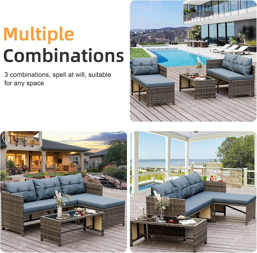 Shintenchi 3 Pieces Patio Furniture Set,Outdoor Sectional Sofa,Blue-Gray