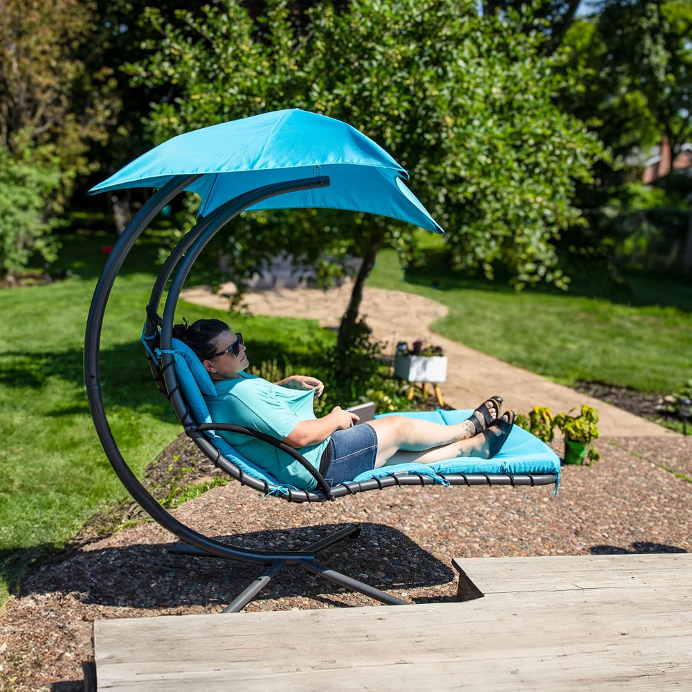 Sunnydaze Floating Chaise Lounger Swing Chair with Umbrella Canopy - Curved S...