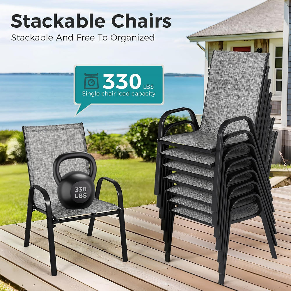 Pamapic Outdoor Dining Sets for 9, Rectangular Steel Slat Table with 8 Textil...