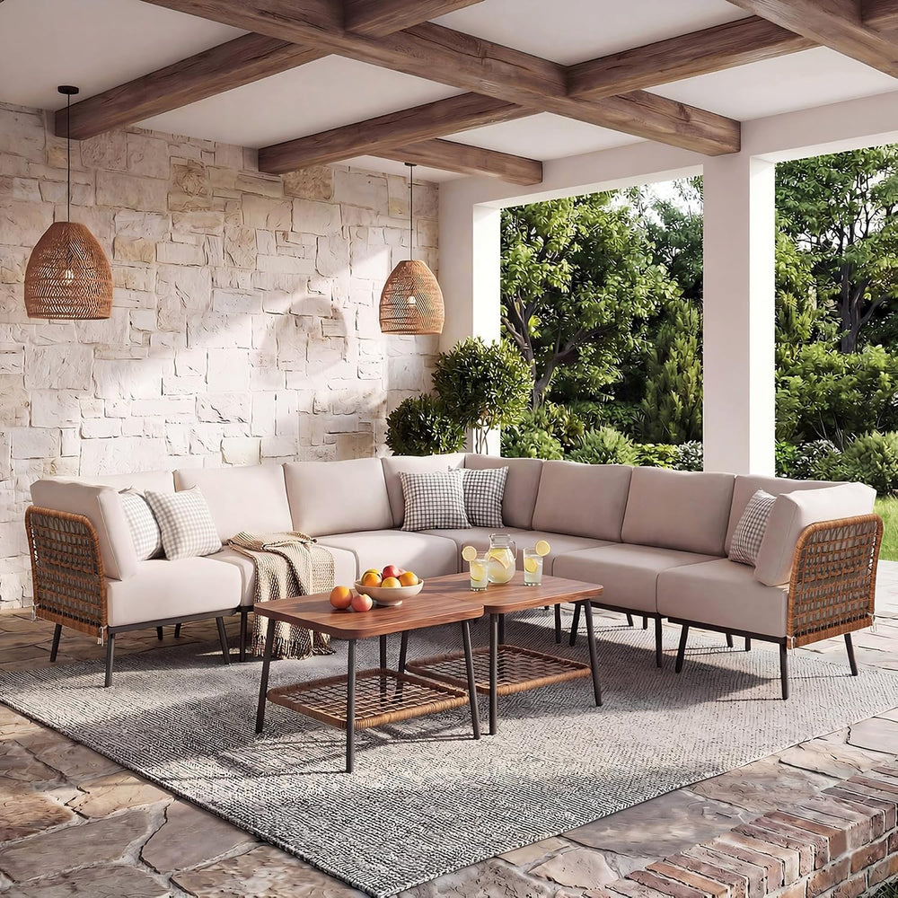 9-Piece Patio Conversation Set, 7-Seat Sectional Sofa with Table