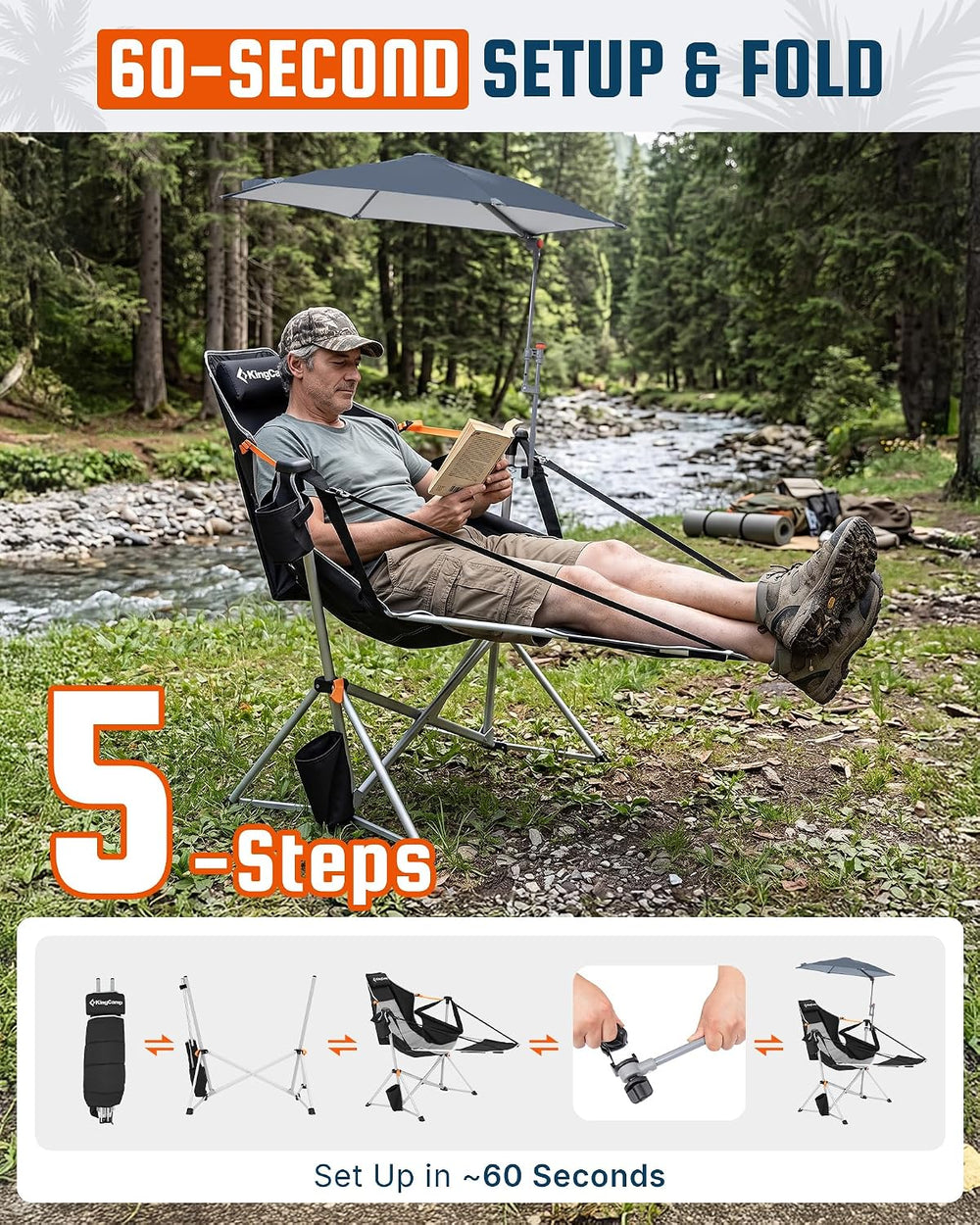 KingCamp Hammock Chair with Umbrella & Footrest,Camping Chair with Canopy