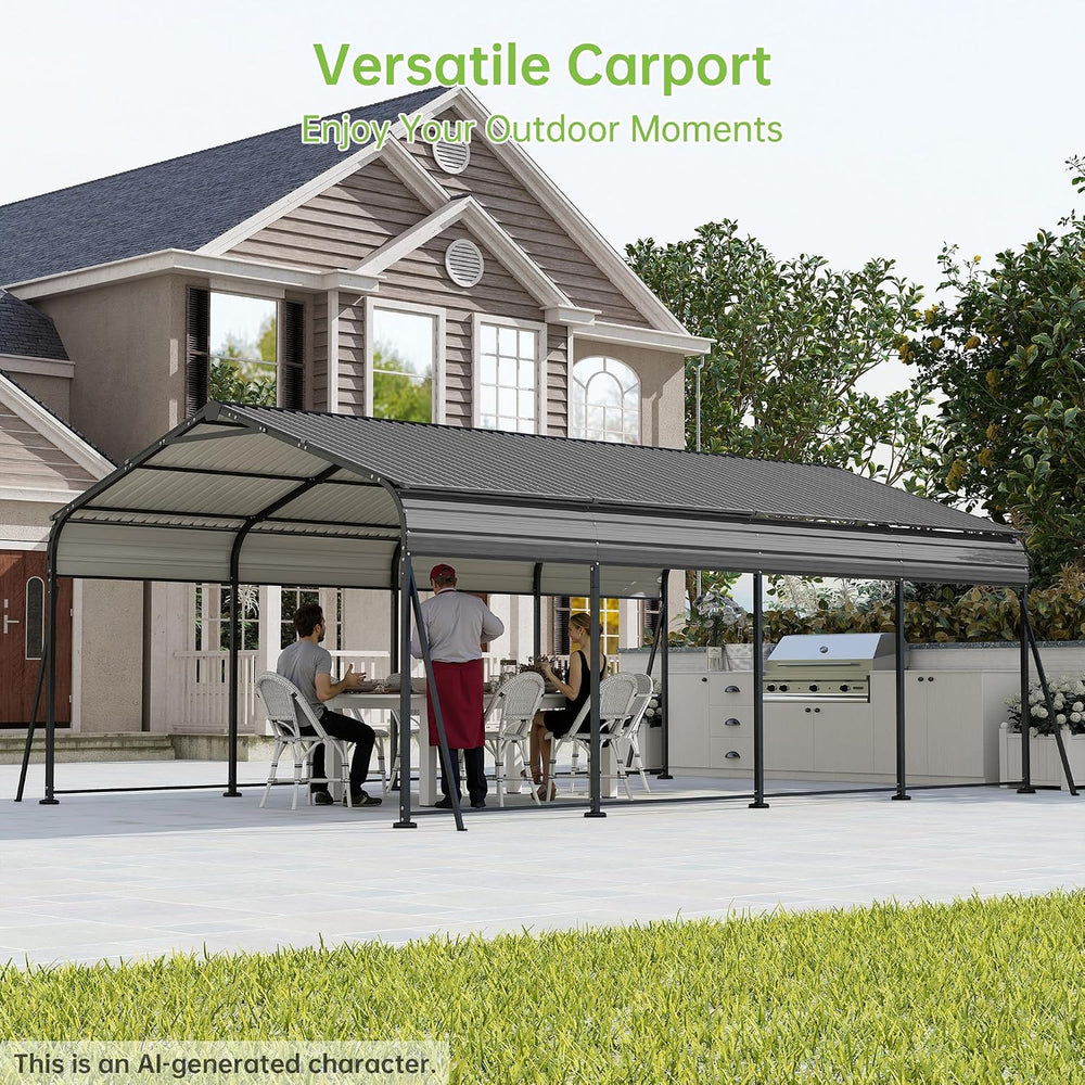 12x20 FT Updated Galvanized Steel Roof Metal Carport, Gray