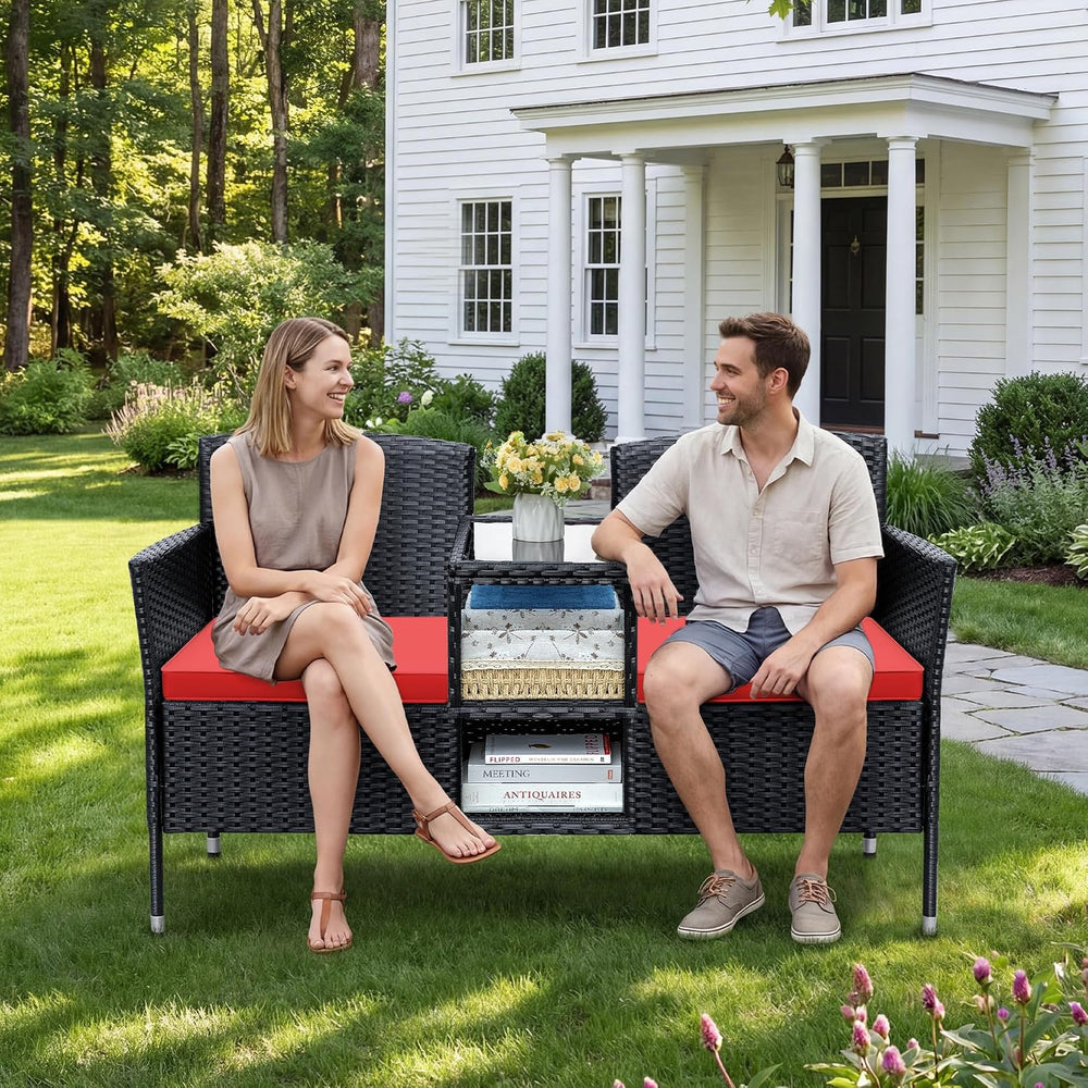 Devoko Outdoor Patio Loveseat Rattan 2-Seat Patio Conversation Set, Red