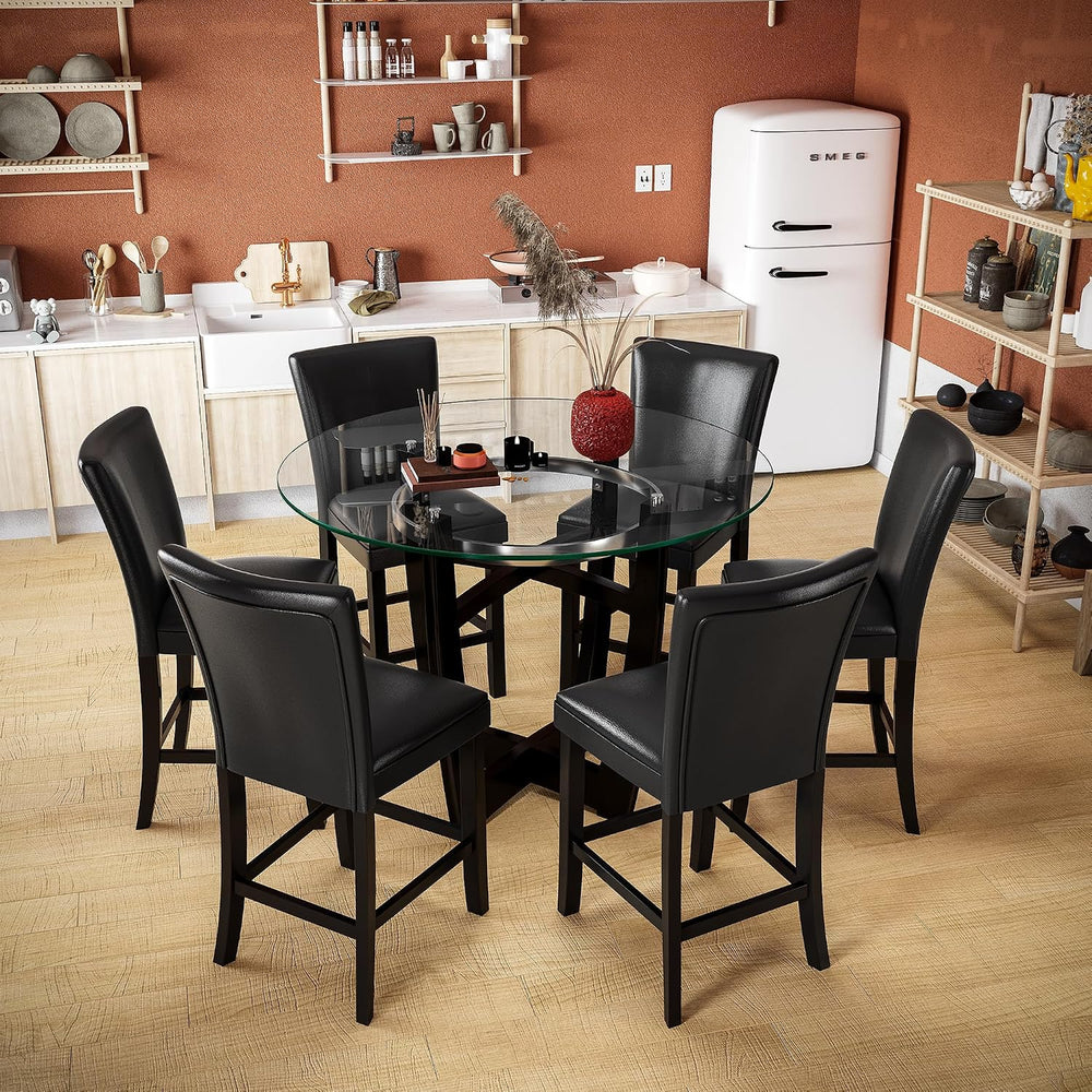 PADMA HOUSE Glass Pub Dining Set for 4, 45" Round Table + 4 Black PU Stools