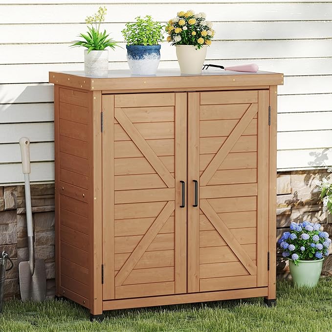 Outdoor Storage Cabinet & Potting Bench Table with Metal Top, Wooden Pati...