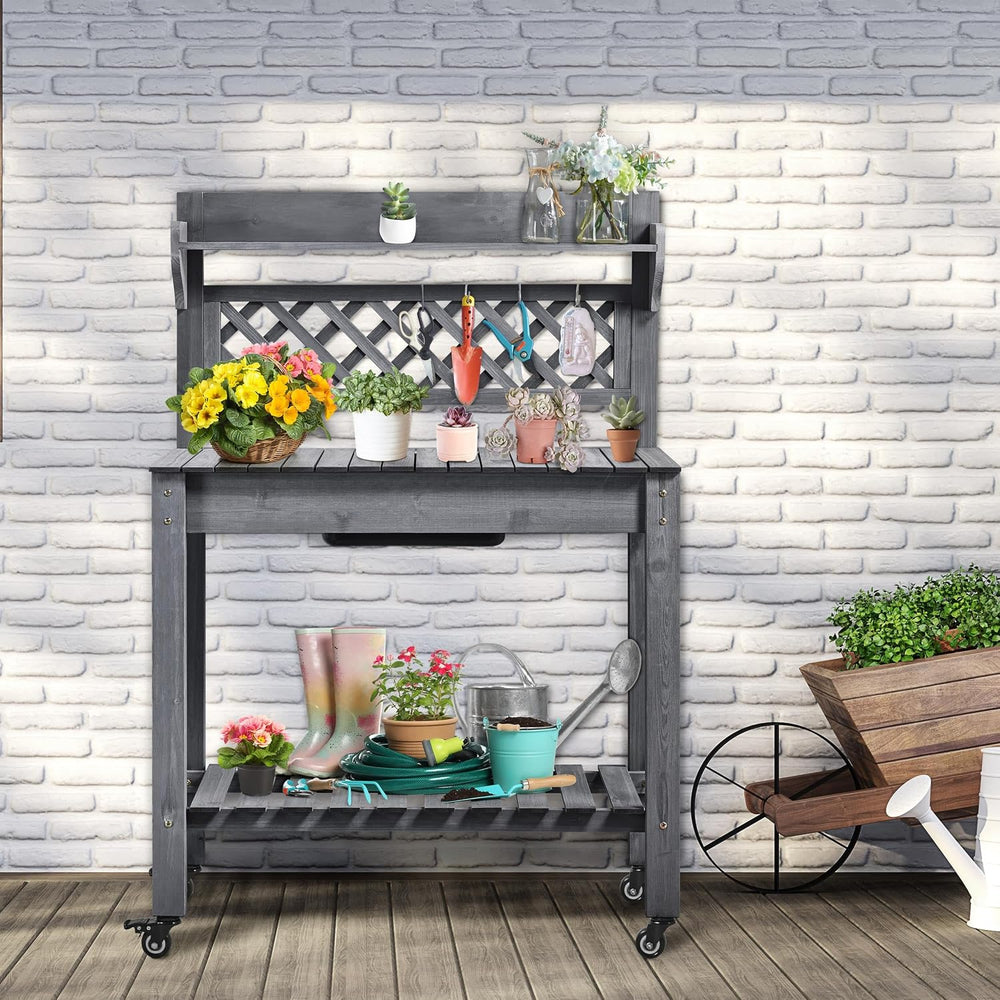 Yaheetech Outdoor Potting Bench with Sink, Garden Table, Lower Shelf,Gray