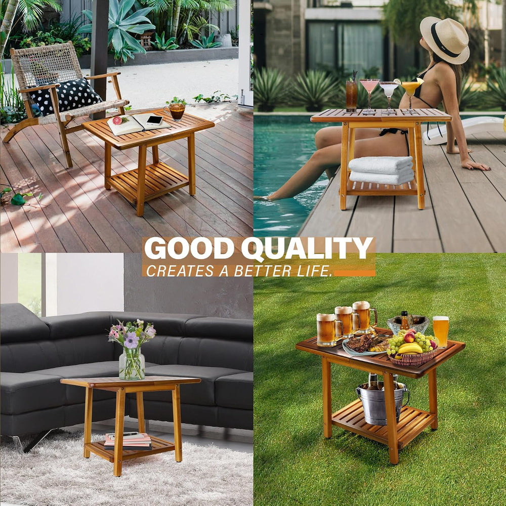 ENKEZI Acacia 24 Inches Outdoor Side Table, 2-Tier Sturdy Patio, End Table We...