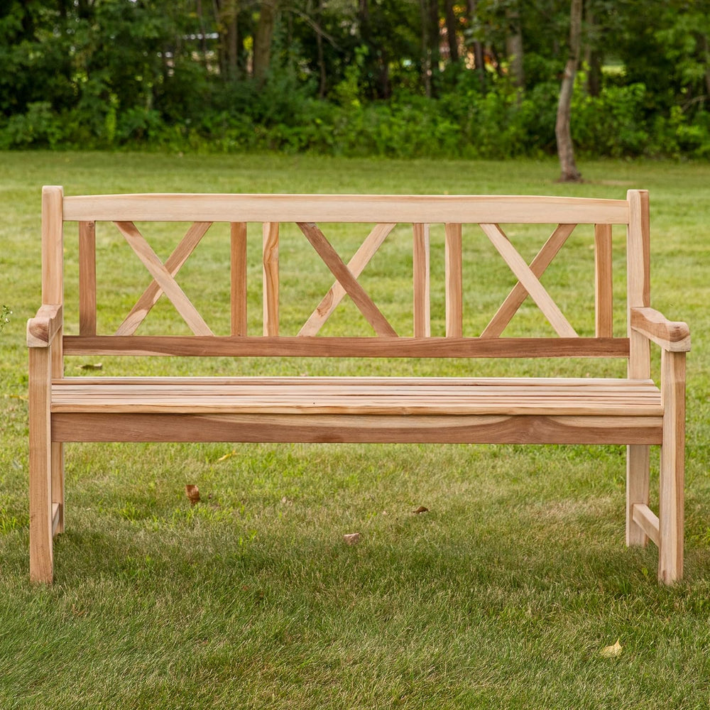 Sunnydaze 2-Person Cross-Back Wooden Teak Outdoor Bench for Porch, 59-Inch