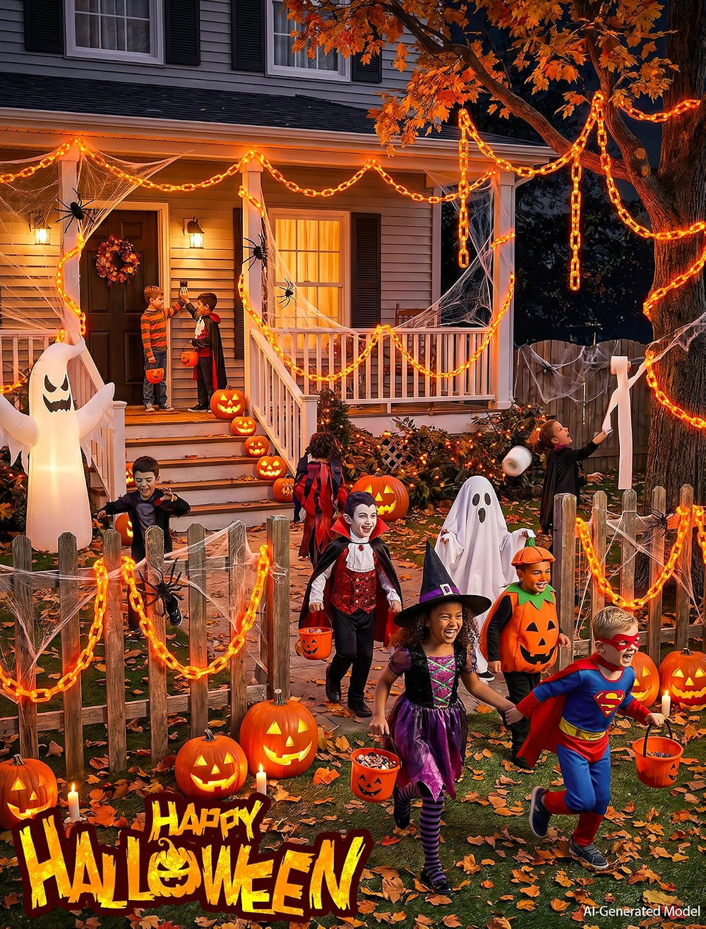 Solar Halloween Chain Lights, 10.4 FT 175 LED Orange Plastic Chain