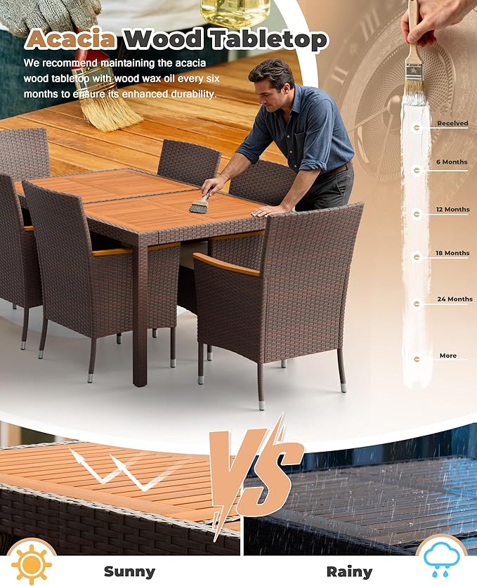 Flamaker 7 Piece Patio Dining Set Outdoor Acacia Wood Table and Chairs with S...