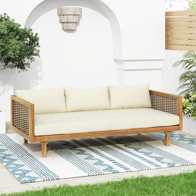 Merax 67.5" Outdoor Patio Daybed 3 Seater Sofa Bed,Acacia Wood Frame wit...