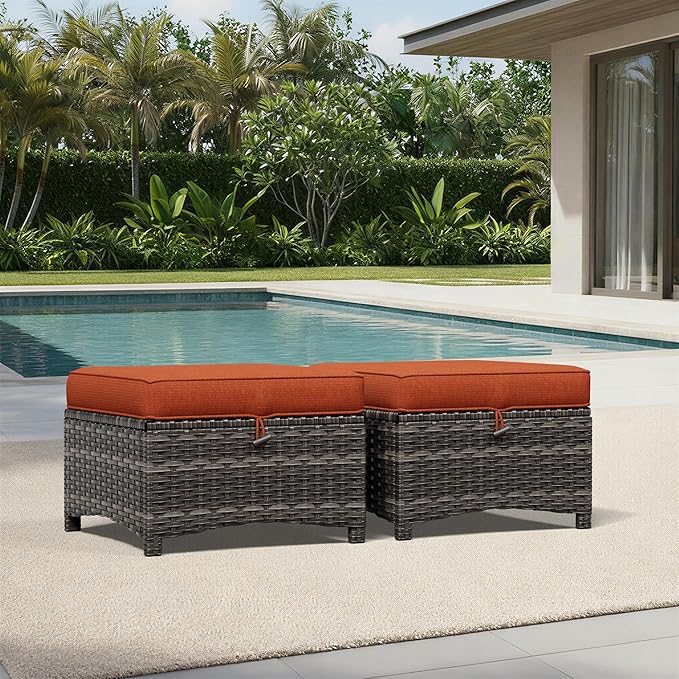 Joyside Outdoor Ottoman Set of 2, Patio Large Ottoman Foot Rest with Thickene...