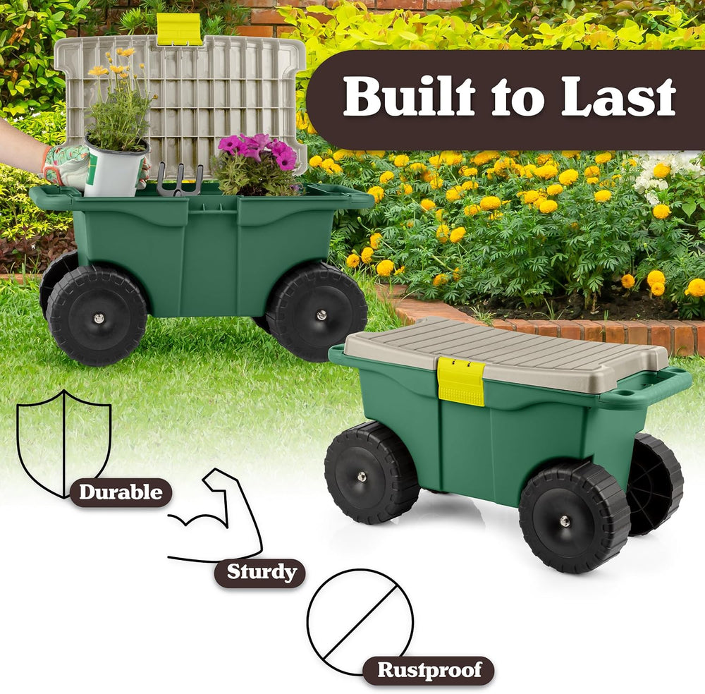 Rolling Garden Cart with Seat - Plastic Storage with Bench and Interior Tool ...