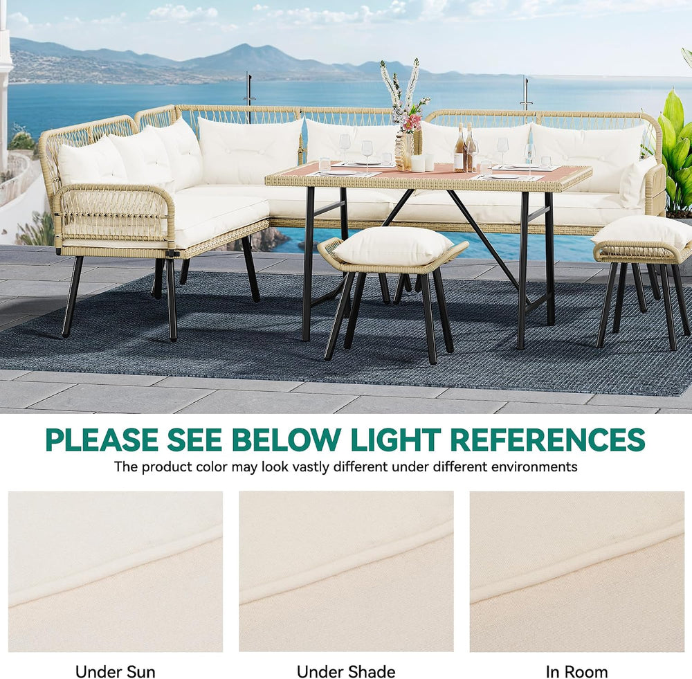 YITAHOME L-Shaped Rattan Patio Furniture Set Light Brown Beige