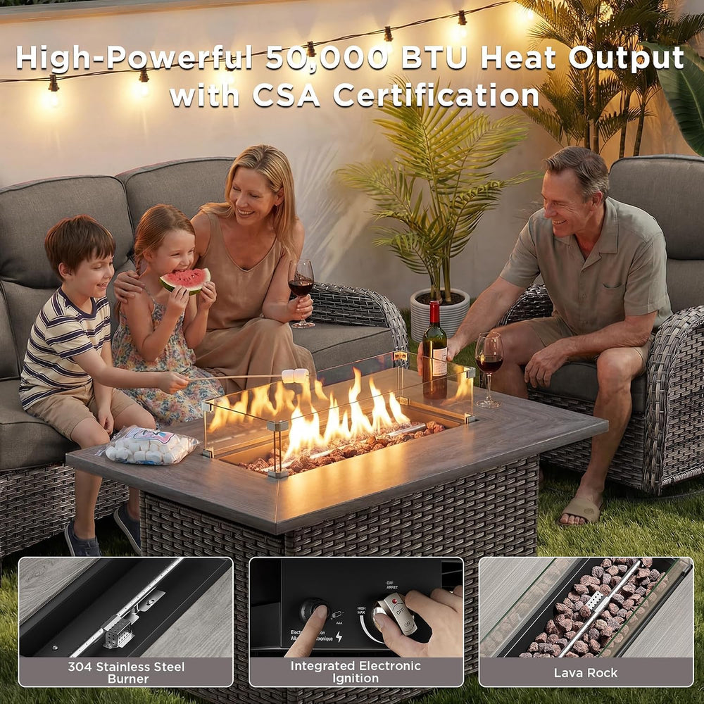 Luxury Patio Furniture Set with Fire Pit Table-4 Pieces High Back Wicker Swiv...