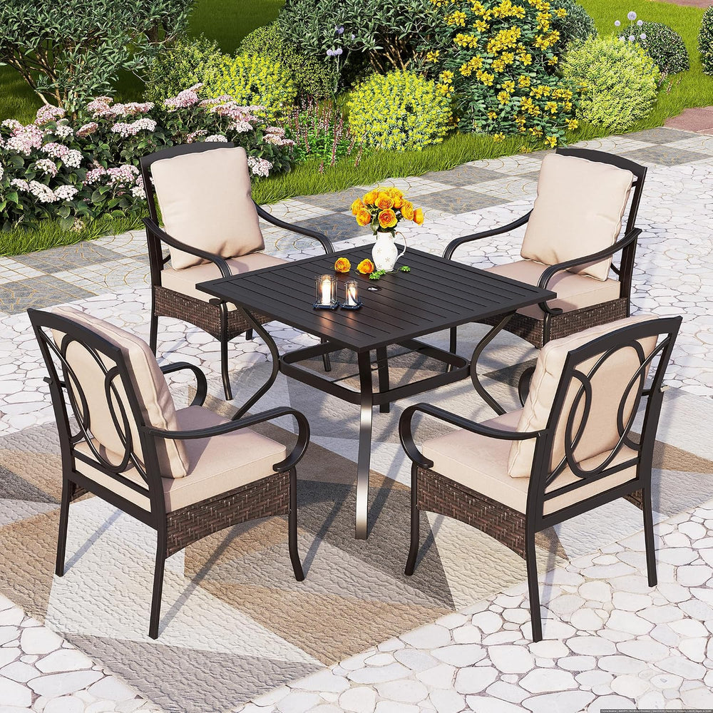 PHI VILLA 5 Piece Patio Dining Set, Square Table, Wicker Chairs