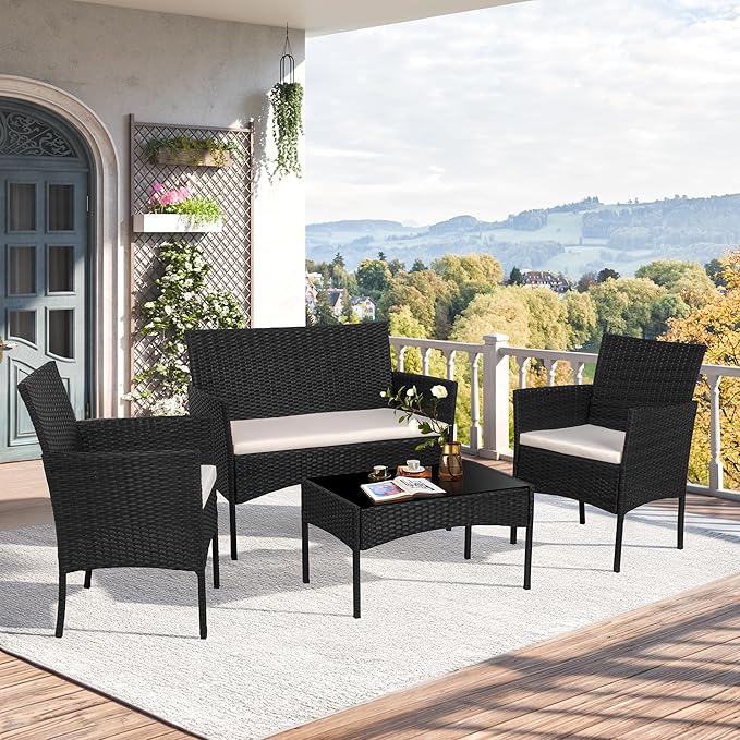 Shintenchi 4 Piece Outdoor Patio Furniture Sets, Small Wicker Patio Conversat...