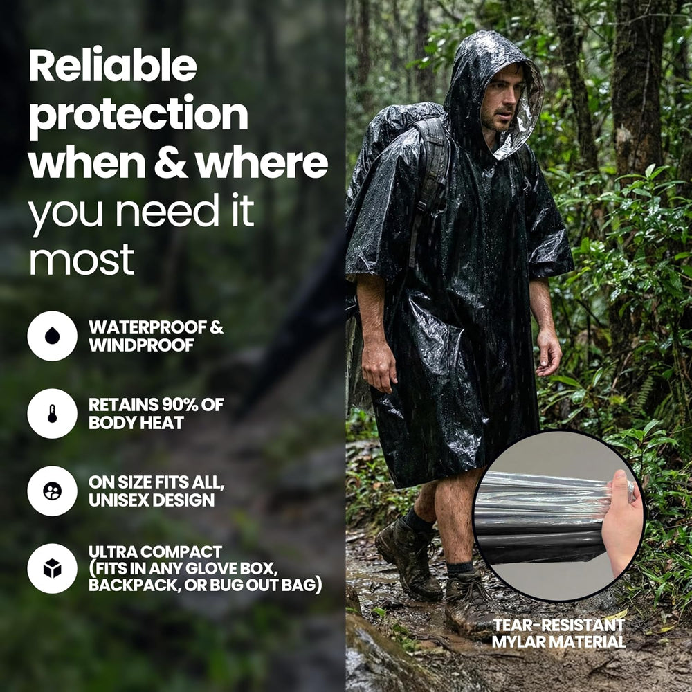 Wallaby Mylar Rain Ponchos, Heavy Duty Survival Shell (4-Pack, Black)