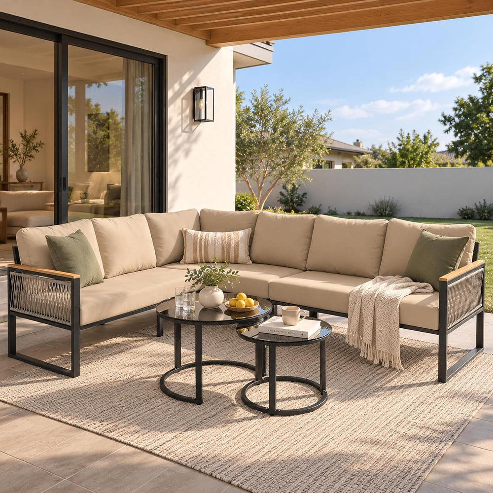 7 Piece L-Shaped Outdoor Sectional Wicker Sofa with Nesting Coffee Table