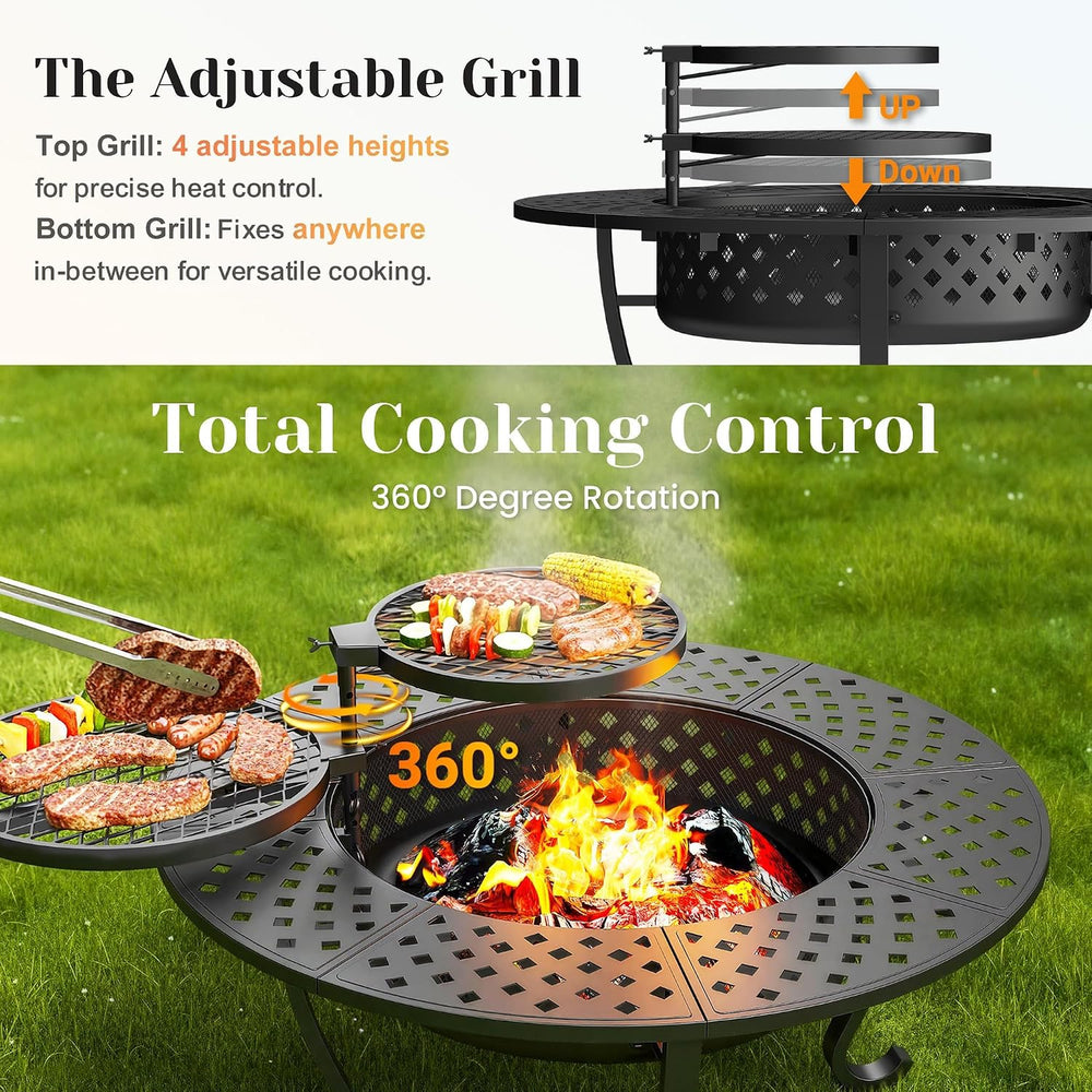 43" Fire Pit, Firepit with Adjustable 2 Grills & Lid & Fire Poke...