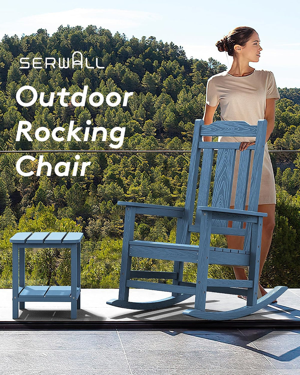 SERWALL HDPE Oversized Outdoor Rocking Chair, Patio Rocking Chair, Blue