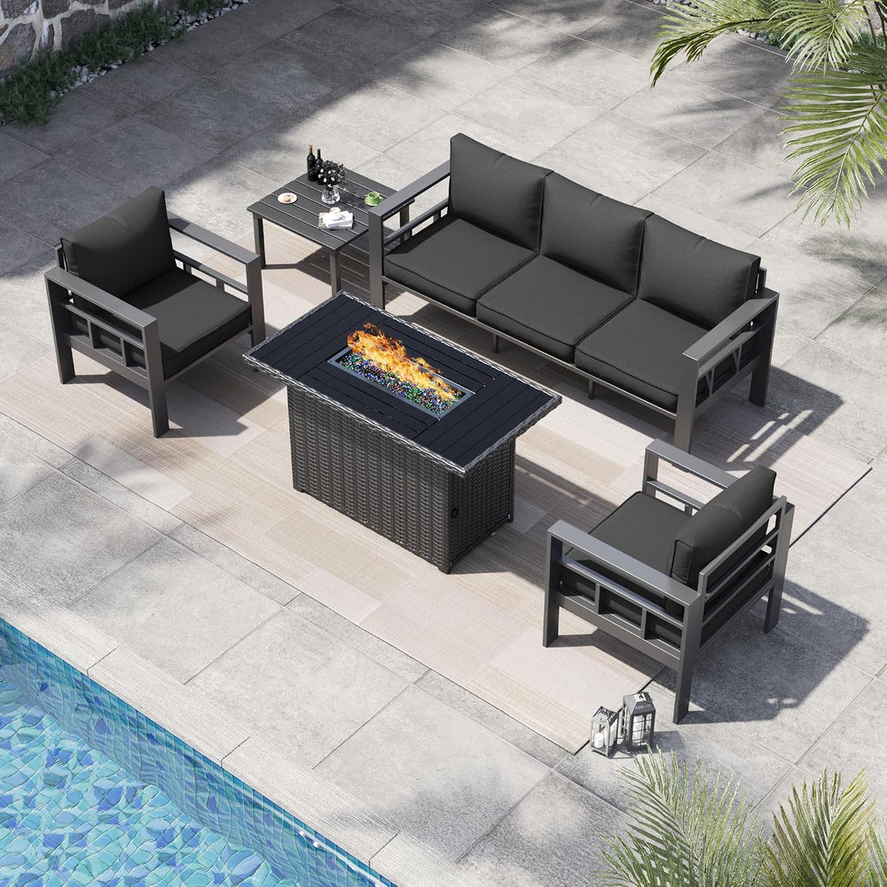 5 Piece Aluminum Patio Furniture Set with Fire Pit Table and Thick Cushions