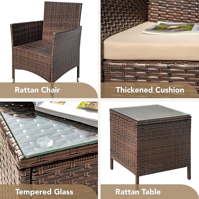 Devoko Patio Porch Furniture Sets 3 Pieces PE Rattan Wicker Chairs with Table...