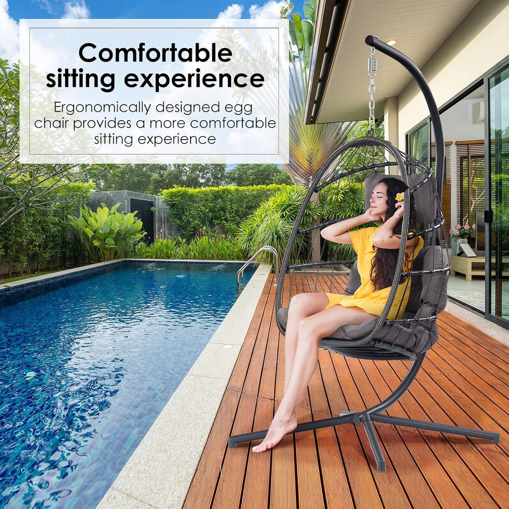 Egg Chair with Stand - Patio Rattan Wicker Hanging Swing Egg Chair Hammock Ch...