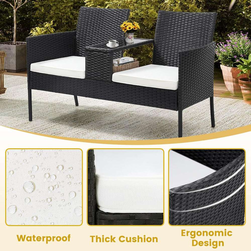 Kromax Wicker 2 Seat Patio Loveseat, Outdoor Rattan Loveseat with Table