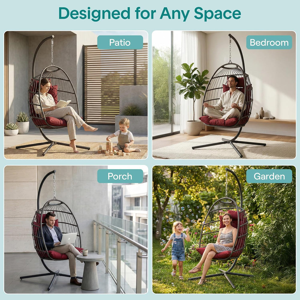 SereneLife Hanging Egg Chair with Stand | Foldable Rattan Wicker Hammock Chai...