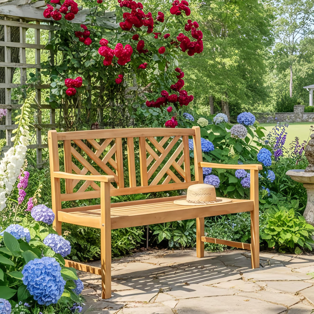 Tangkula Patio Acacia Wood Bench, 2-Person Outdoor Loveseat Chair, Cozy Armre...