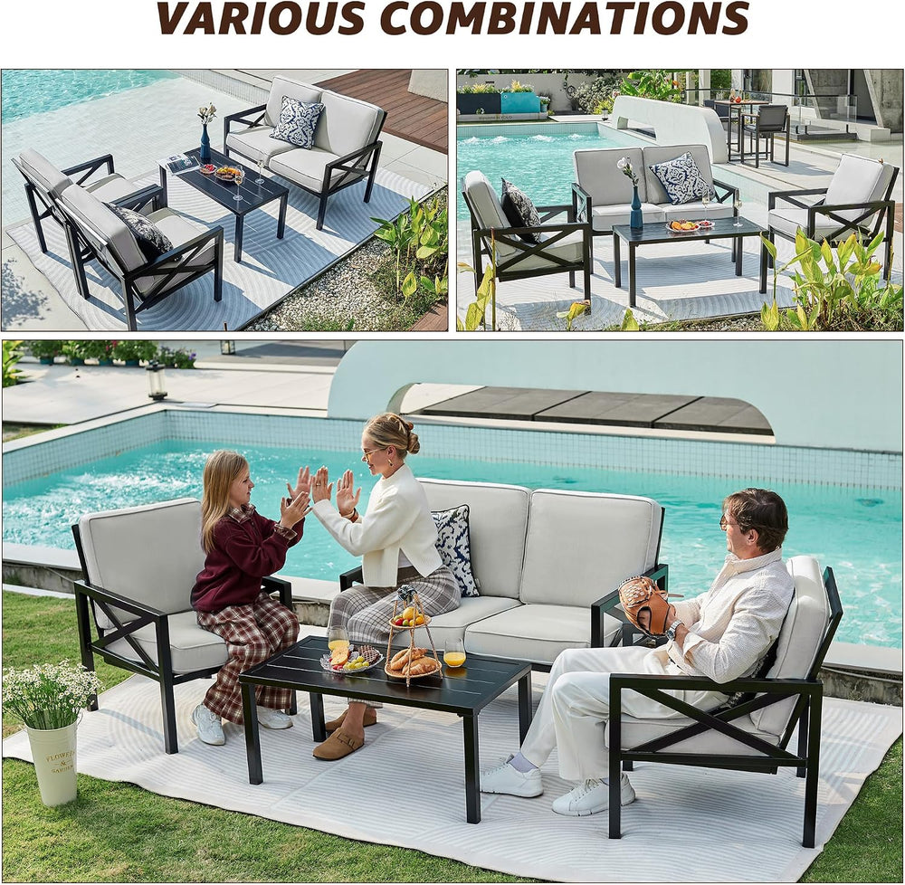 4 Piece Patio Furniture Set Metal Patio Conversation Set, 5.5"Cushion Grey