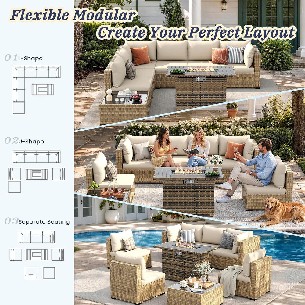 UDPATIO Patio Furniture Set with Fire Pit Table, 8-Piece Wicker Patio Set