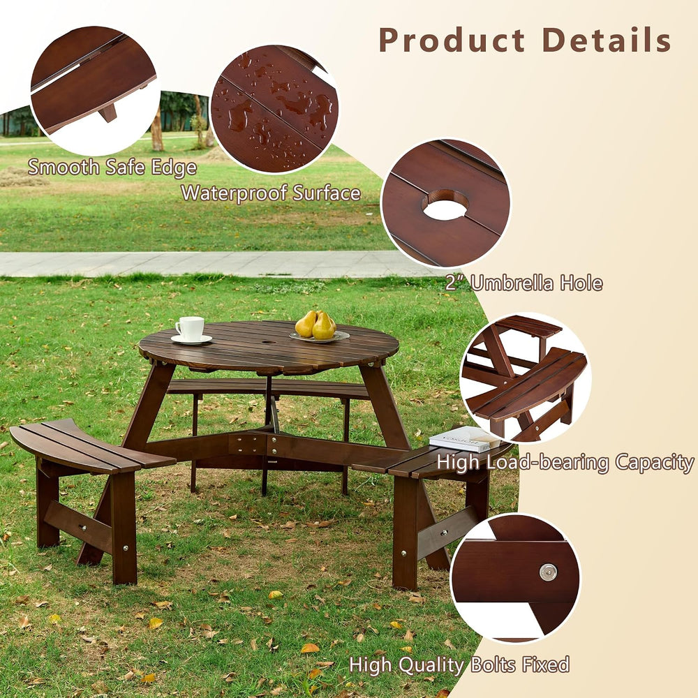 Round 6 Person Outdoor Picnic Table with 3 Built-in Benches