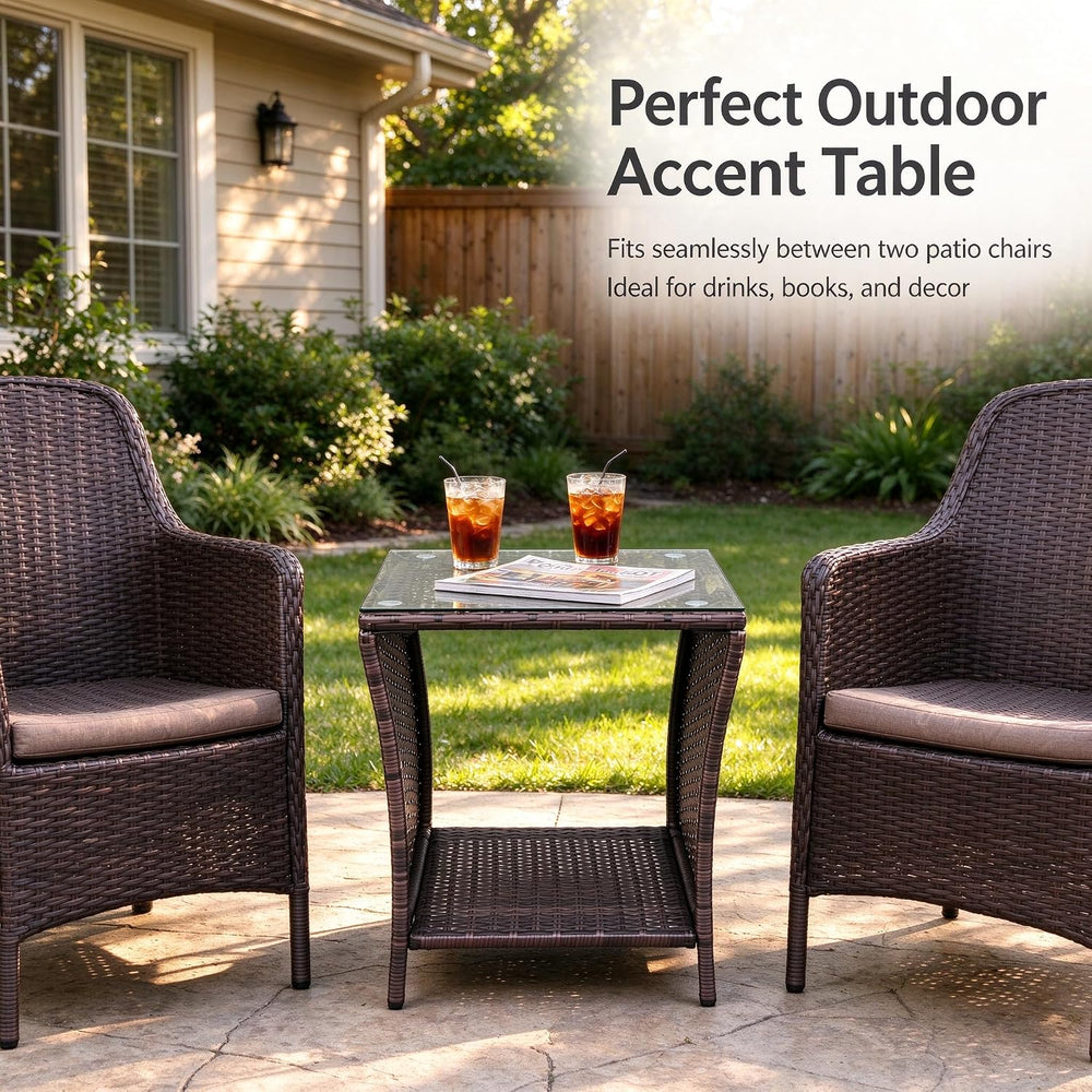 Outdoor Wicker Rattan Side Table, 2-Tier Storage, Glass Top, 105LBS